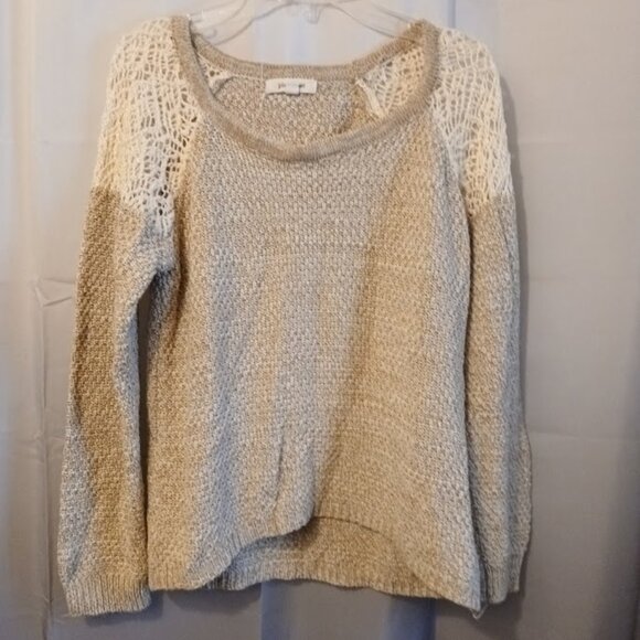 PINK ROSE Crochet Scoop neck Sweater Top S Oatmeal Beige Lace inset shoulder - Picture 1 of 8
